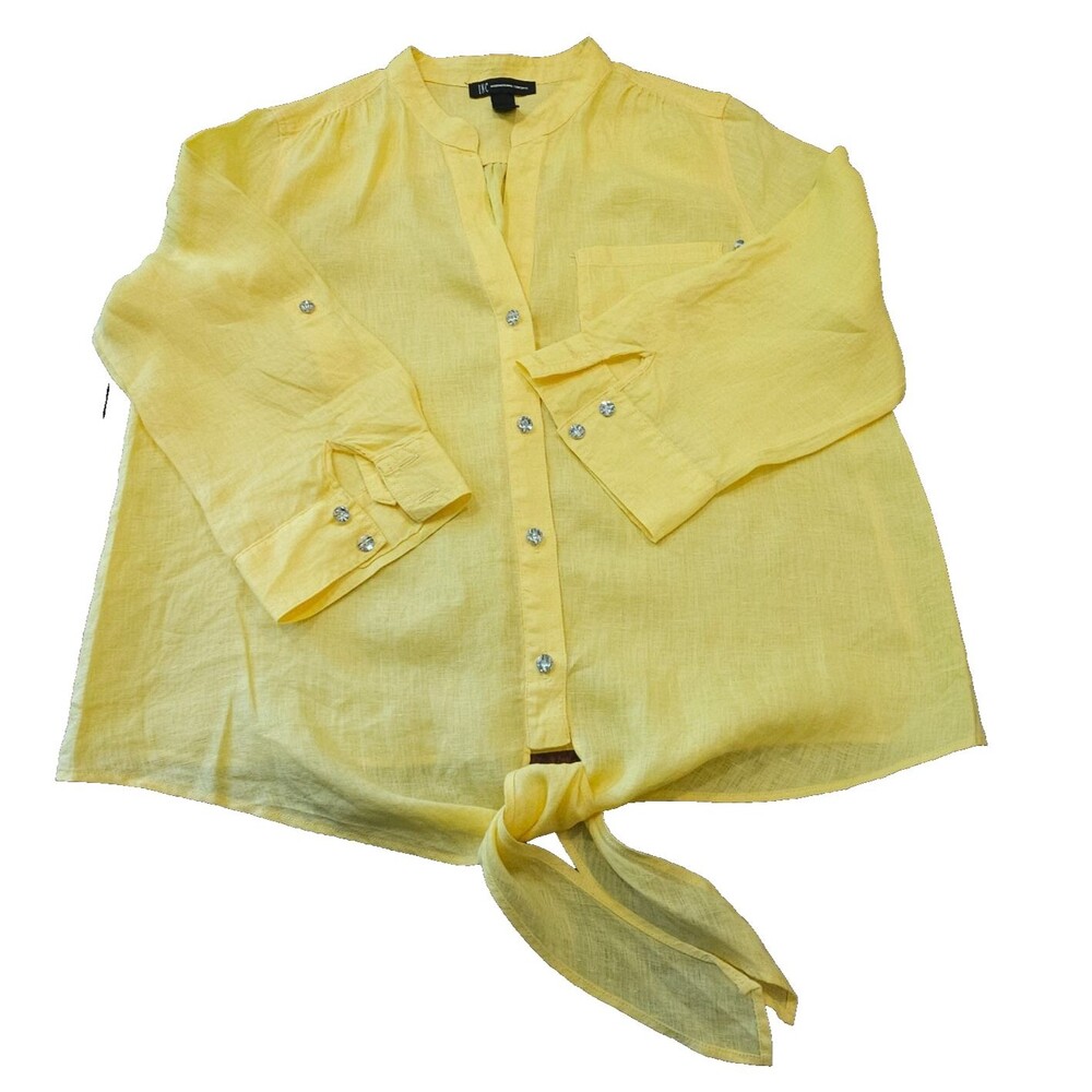 Women's Linen Summer Blouse Size 10 Yellow Tie-Front V-neck Roll-tab sleeves